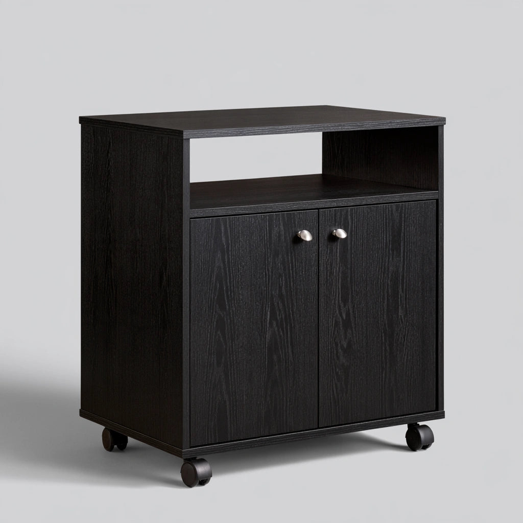 Meuble de rangement en bois sur roulettes, coloris noir